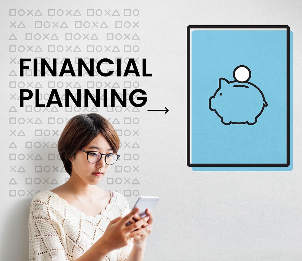 Woman using mobile phone with illustration of economy financial planning piggy bank