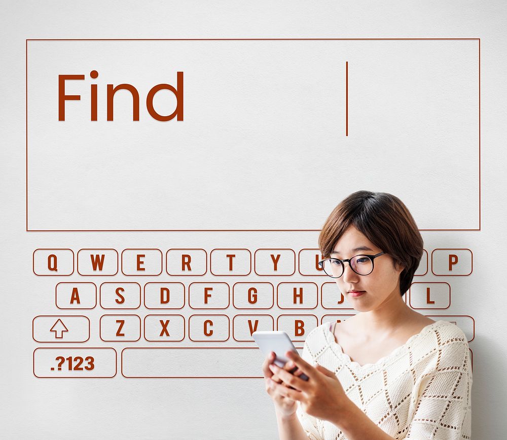 Woman using smart phone with keyboard graphic
