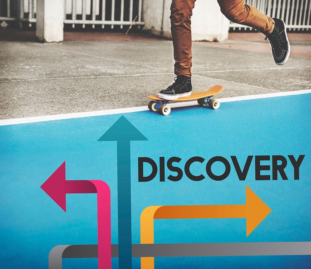 Skater boy with illustration of opportunities at turning point to be changes