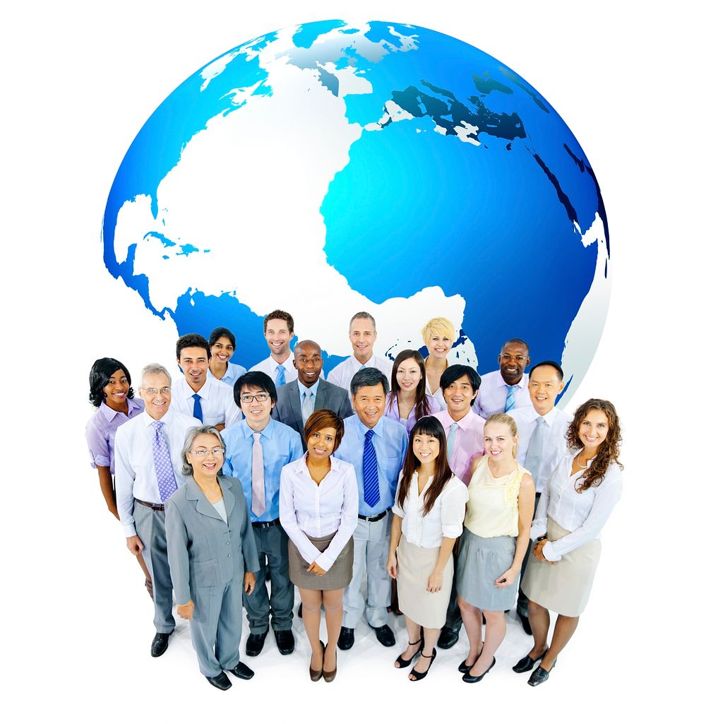 Group Of Multi-Ethnic Business People Standing In Front Of A Globe