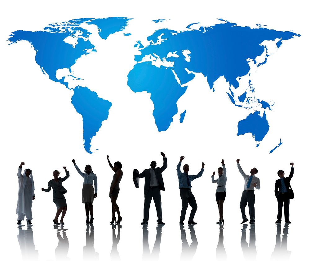 world map silhouette, international networking people, ethnicity, people happy silhouette