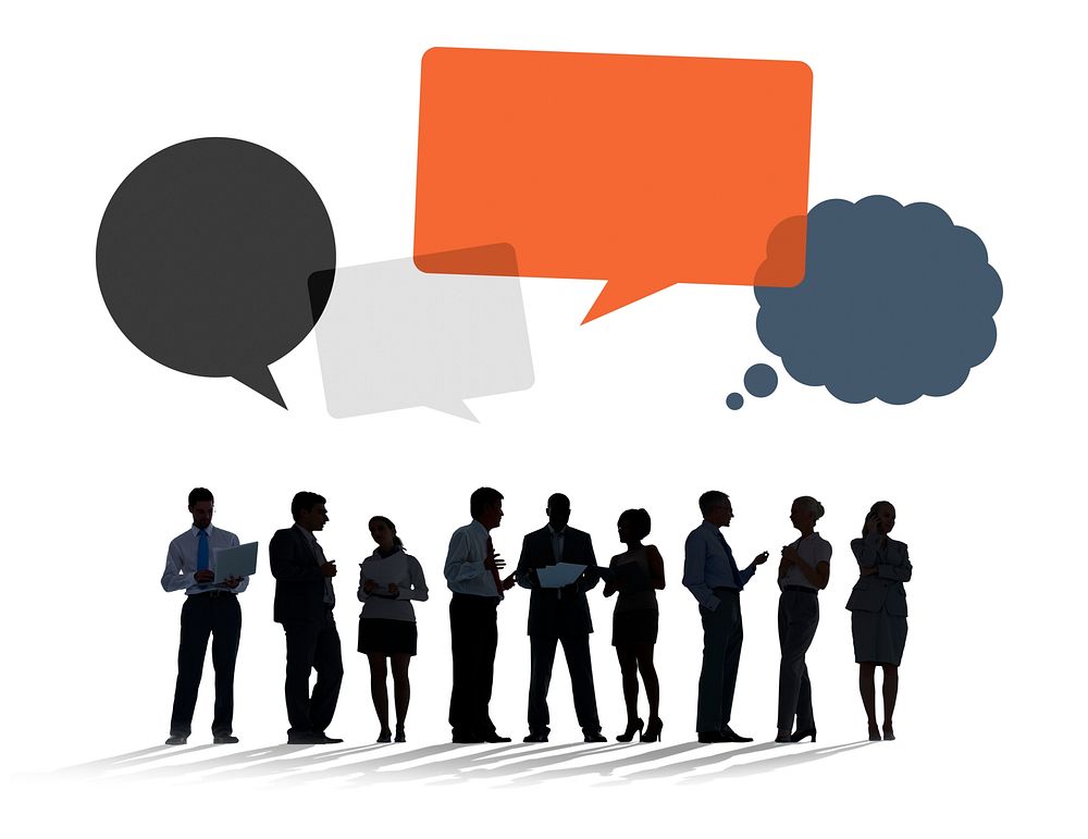 Silhouettes of Business People Discussing with Speech Bubbles