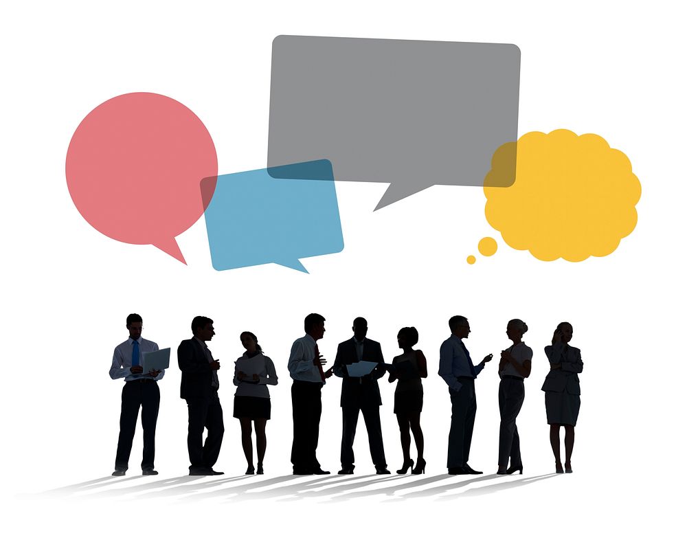 Silhouettes of Business People Discussing with Speech Bubbles