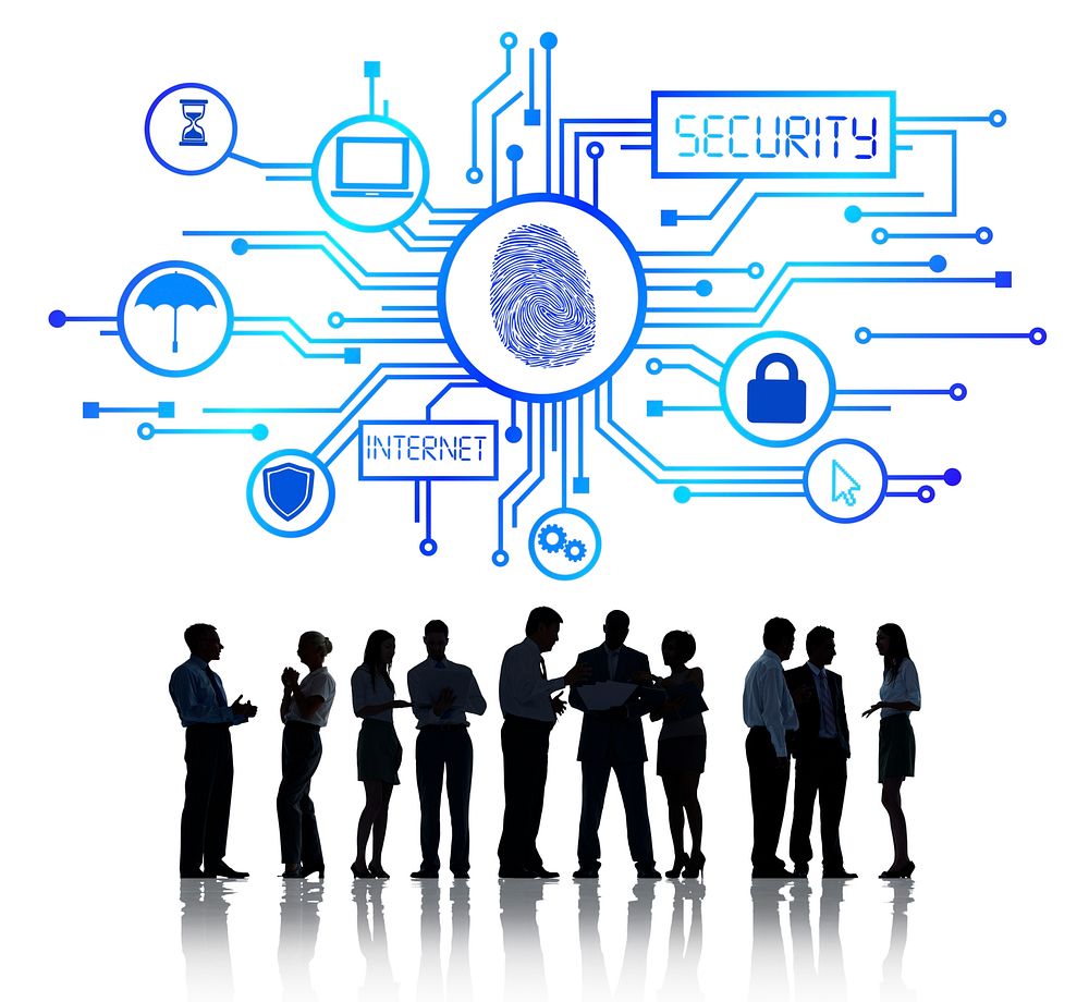 Sillhouettes of Business People Working and Network Security Concept