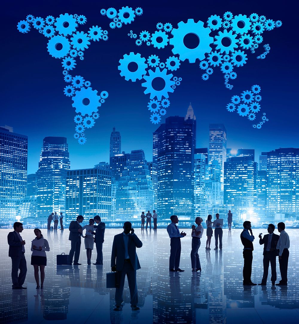 Group Of Business People Standing Outdoors In An Urban Scene WIth Blue Cartography Made Out Of Gears Above Them.