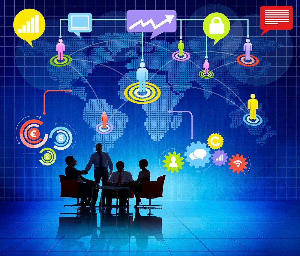 Group Of Business People Silhouettes Working Indoors And Global Networking Themed Background