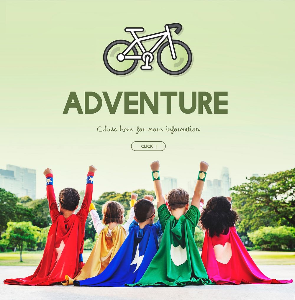 Kids superheroes biking adventure outdoors.