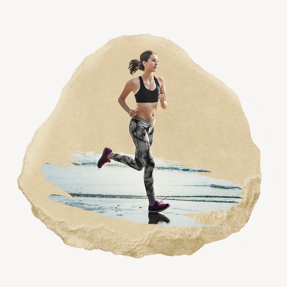 Jogging woman, ripped paper collage element