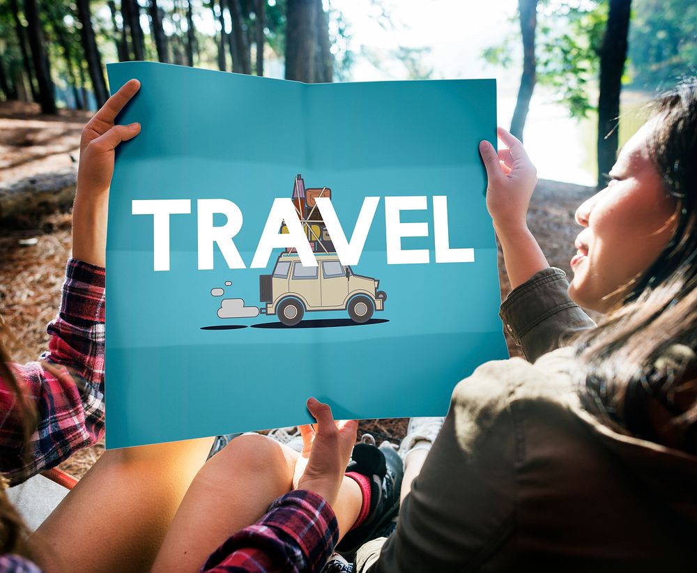People with illustration of discovery journey road trip traveling