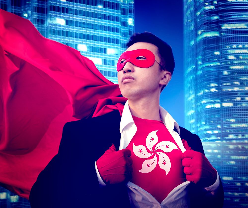 Superhero Businessman Hong Kong Cityscape Concept