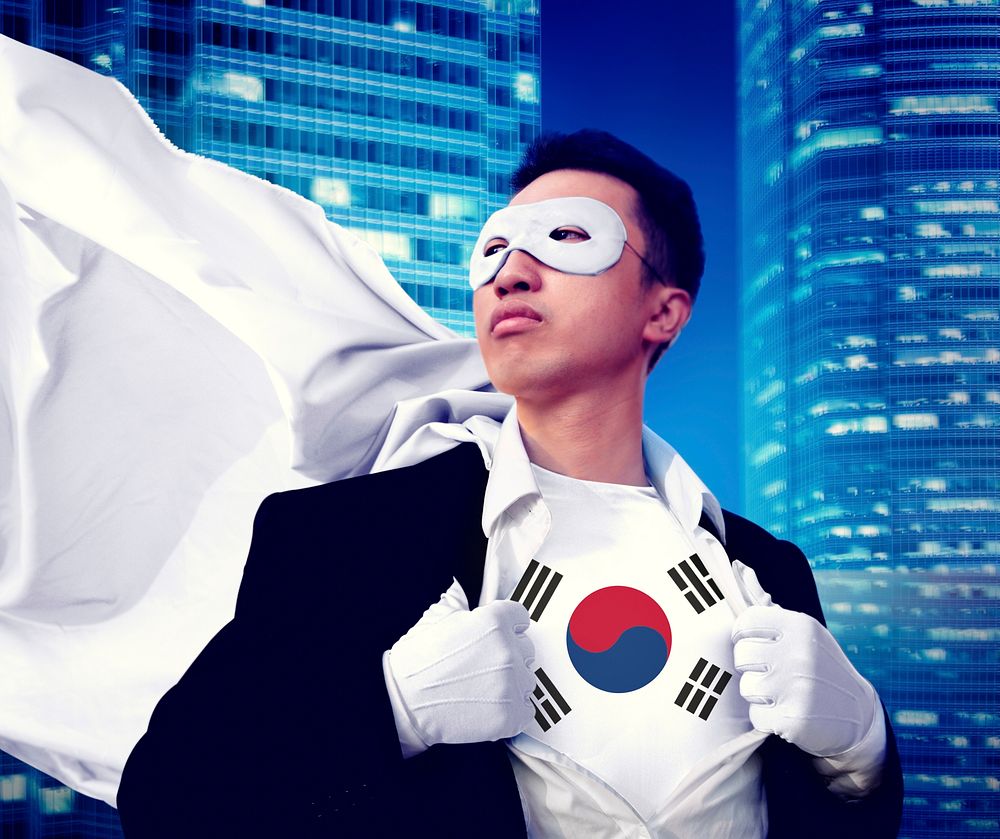 Superhero Businessman South Korea Cityscape Concept
