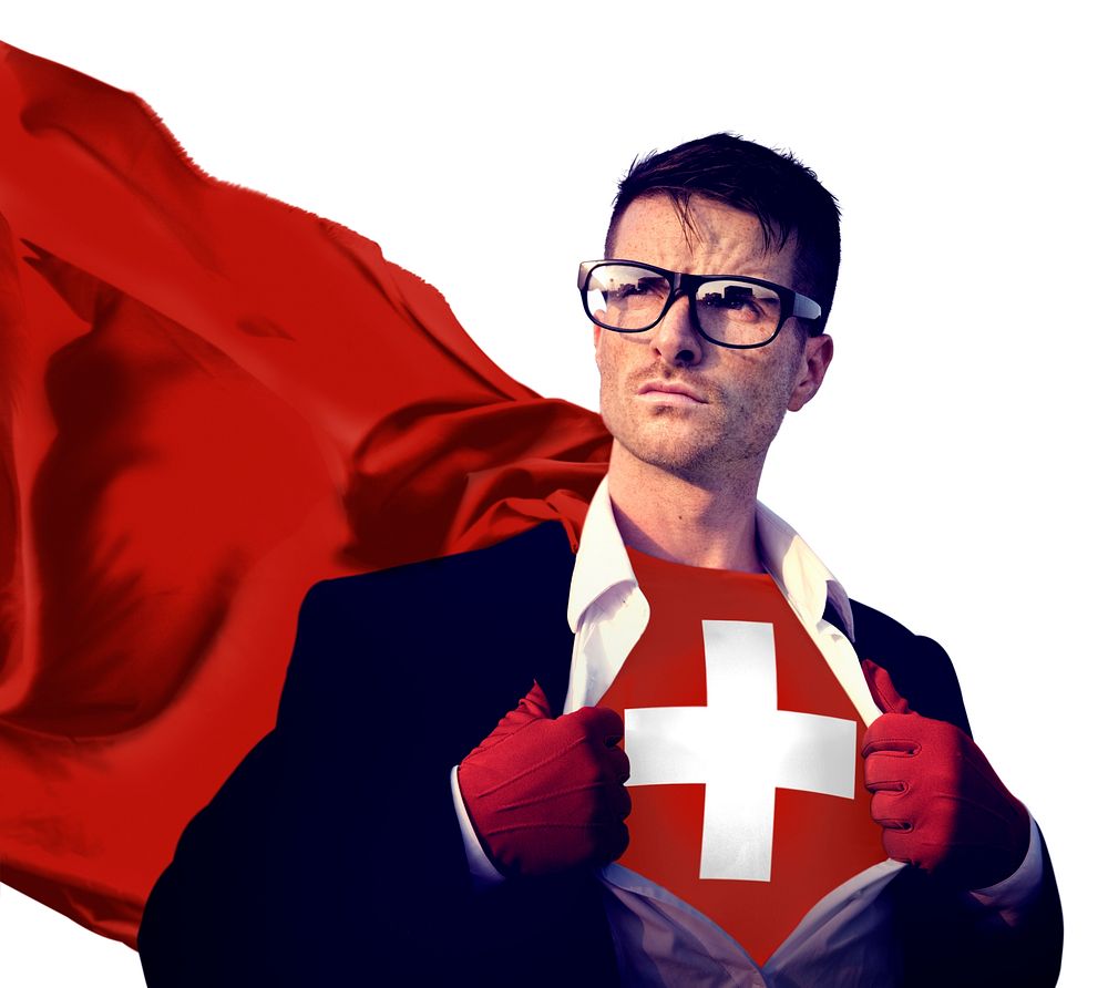 Businessman Superhero Country Switzerland Flag Culture Power Concept
