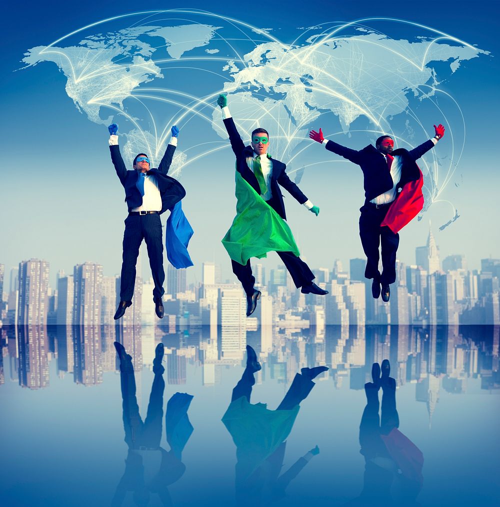 Superhero Global Business People Jumping Celebration Concept