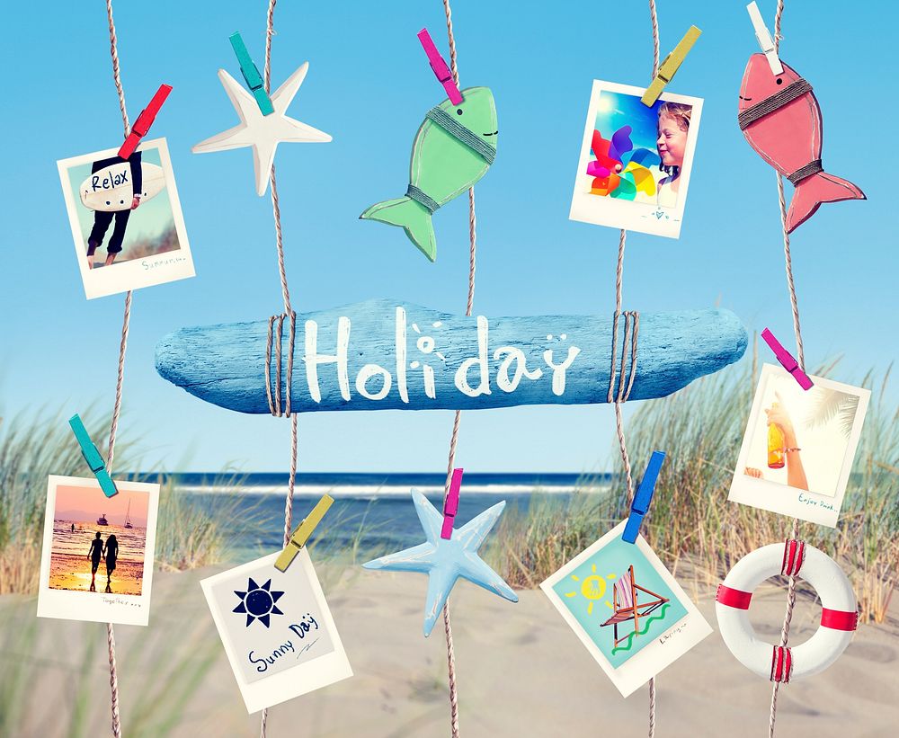 Hanging Holiday Sign  and Summer Objects on Beach