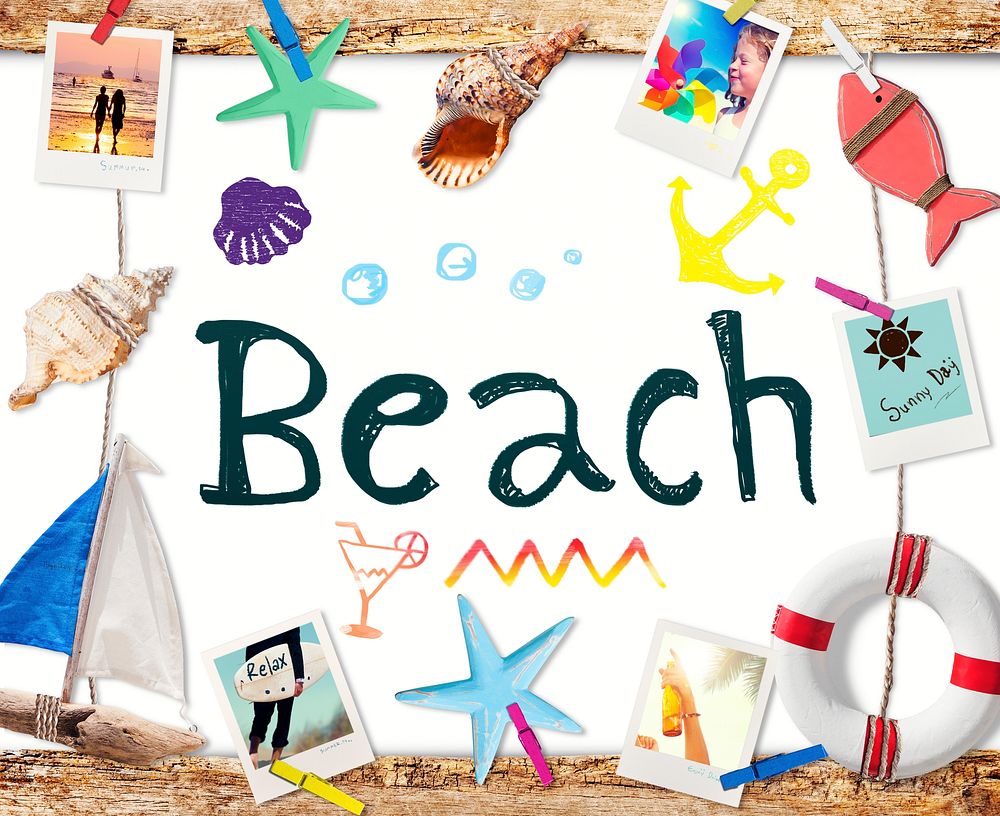 Beach Word on Whiteboard with Summer Objects and Photos