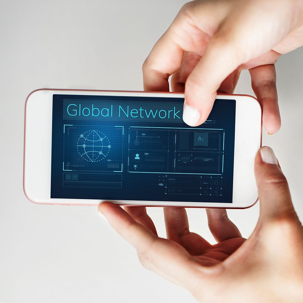 Illustration of global communications network connection on mobile phone