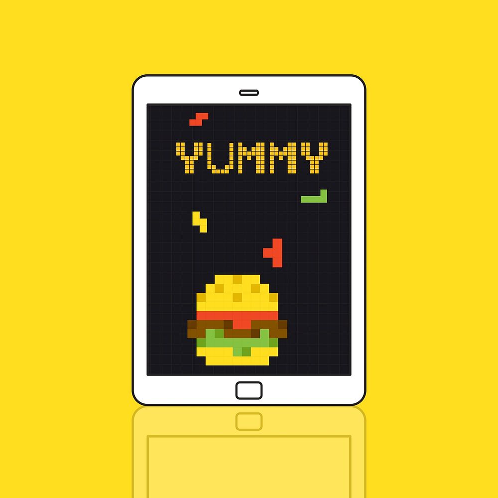 8 bit illustration of tasty burger meal on digital tablet