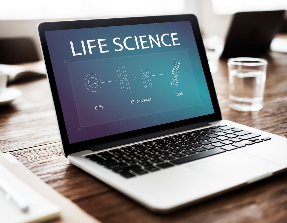 Illustration of biology humanity life science genetic research on laptop