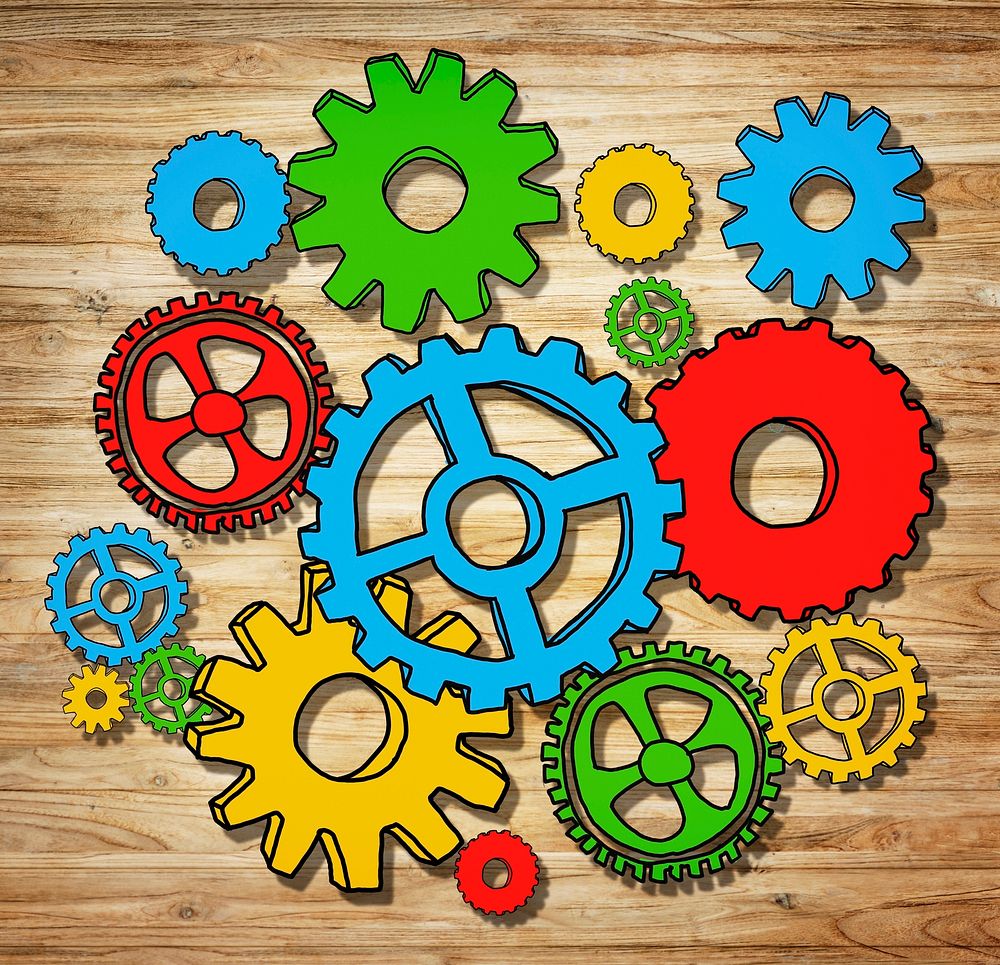 Multicolored Gears in Photo and Illustration