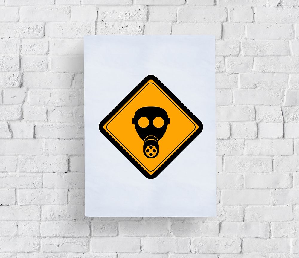 Radioactivity Protection Mask Sign Attention Banner Put in Concrete Wall