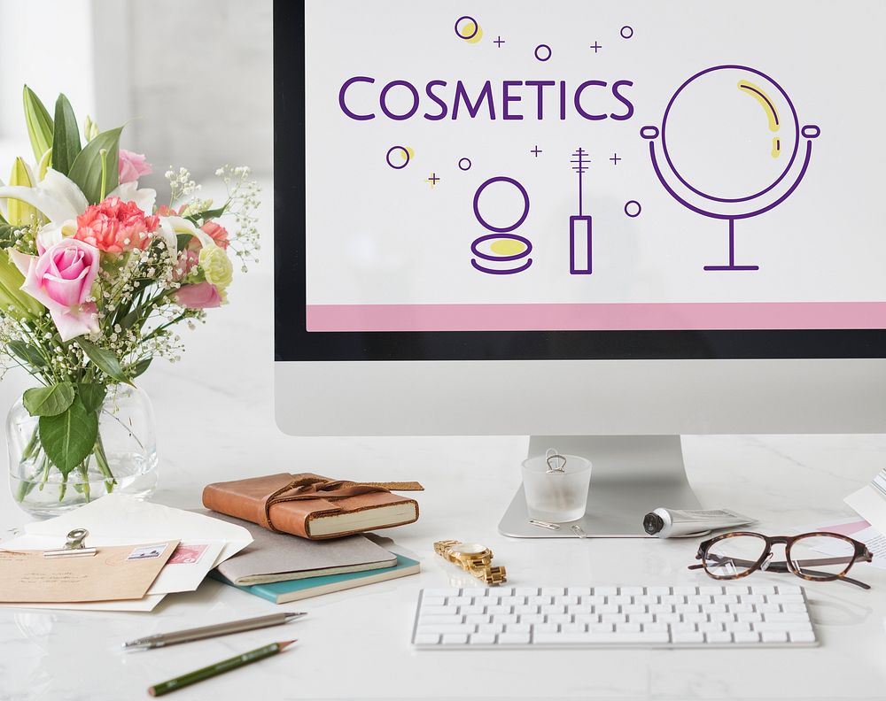 Illustration of beauty cosmetics makeover skincare on computer