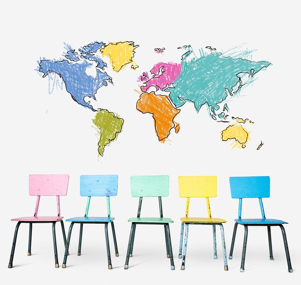 Colorful chair with cartography world map drawing art
