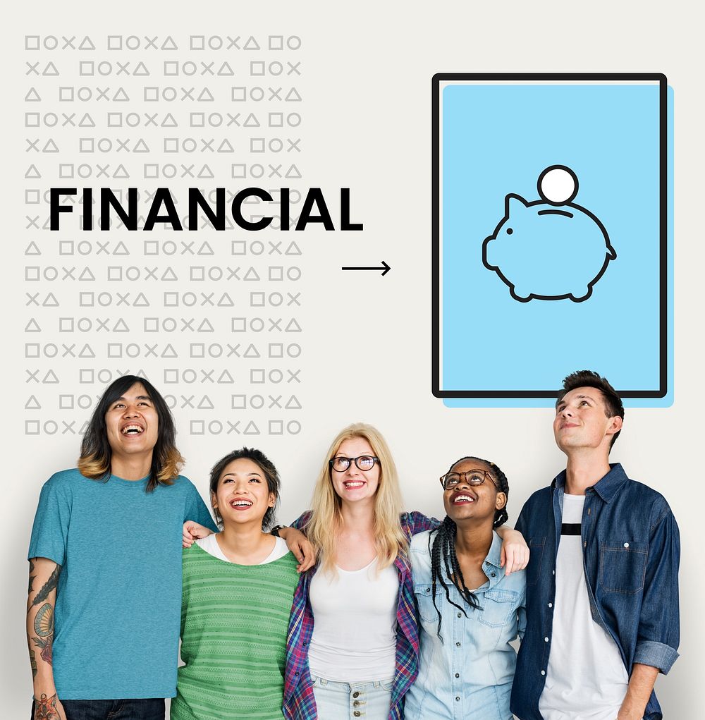Group of people with illustration of economy financial planning piggy bank