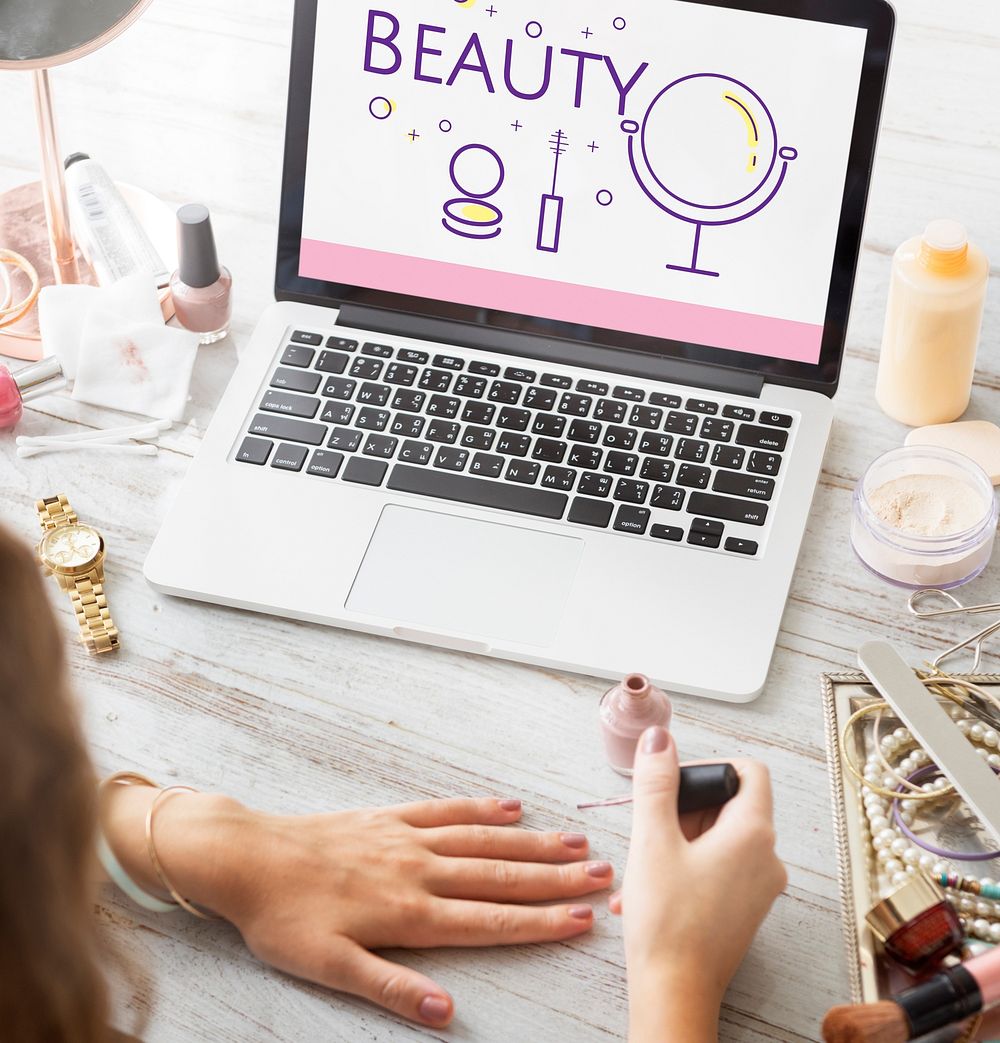 Illustration of beauty cosmetics makeover skincare on laptop