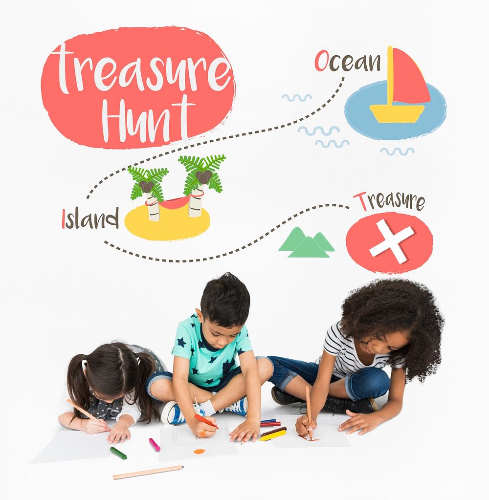 Kids playing treasure hunt graphic