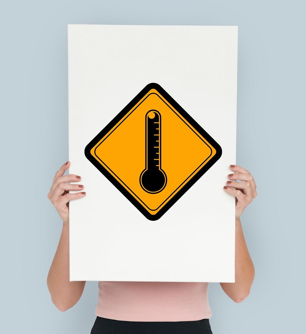 Studio Shoot Holding Banner with Termometer Attention Sign