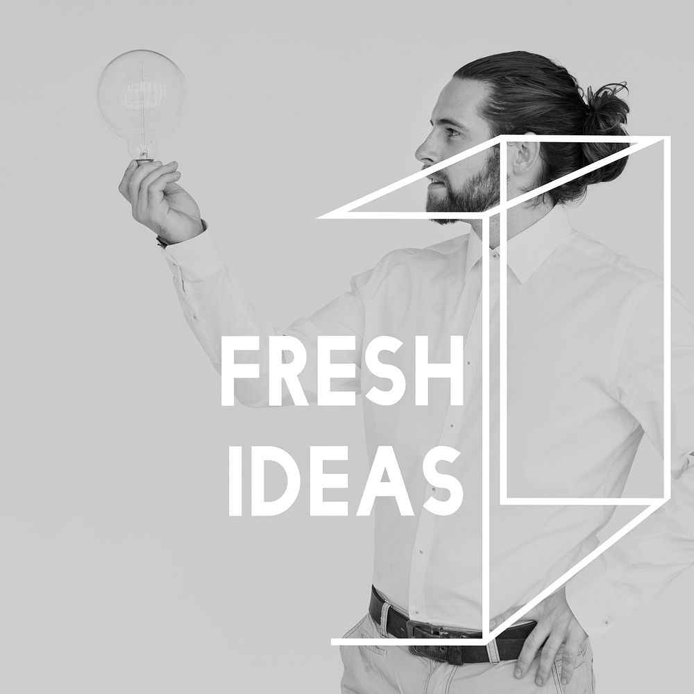 Adult Man Holding Light Bulb Ideas Creative Thinking Word