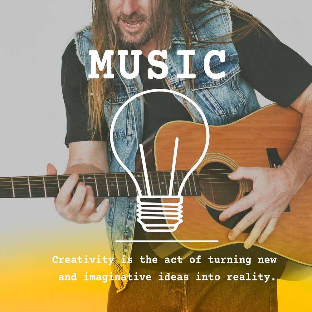 Adult Man Playing Guitar Music Lifestyle Word Graphic Light Bulb