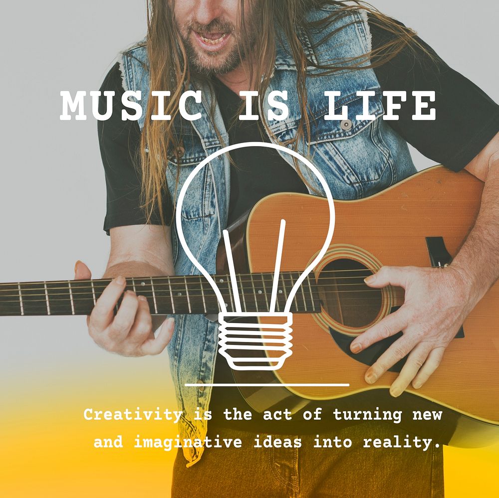 Adult Man Playing Guitar Music Lifestyle Word Graphic Light Bulb