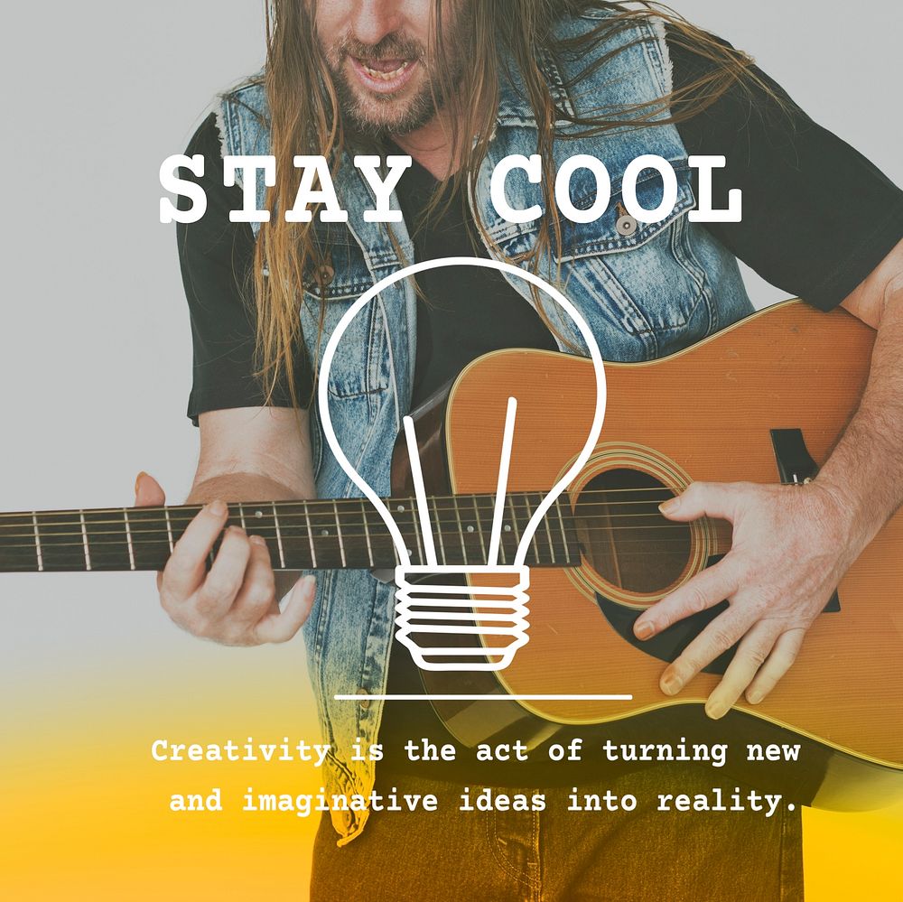 Adult Man Playing Guitar with Stay Cool Word Graphic Light Bulb