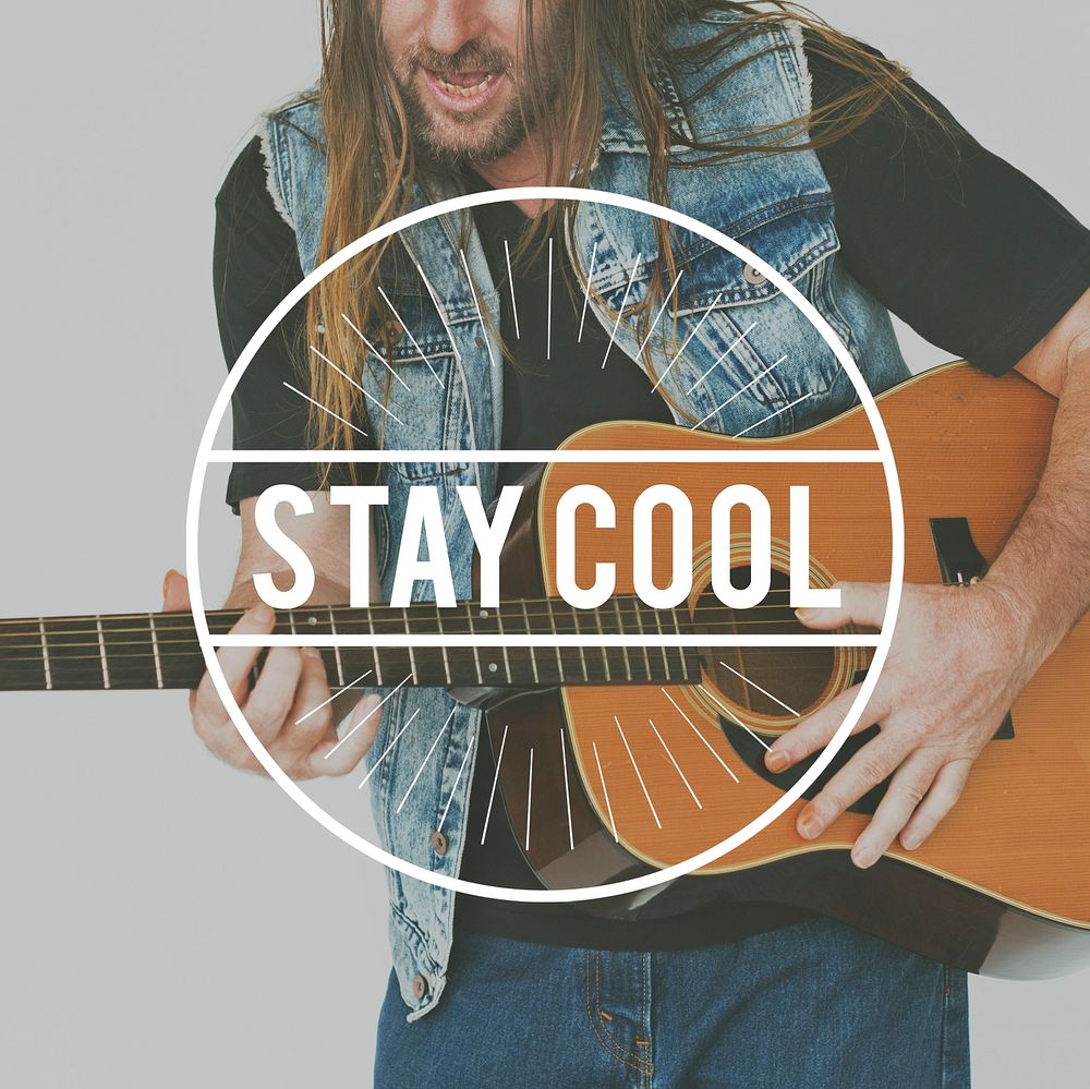 Adult Man Playing Guitar with Stay Cool Word Graphic Stamp