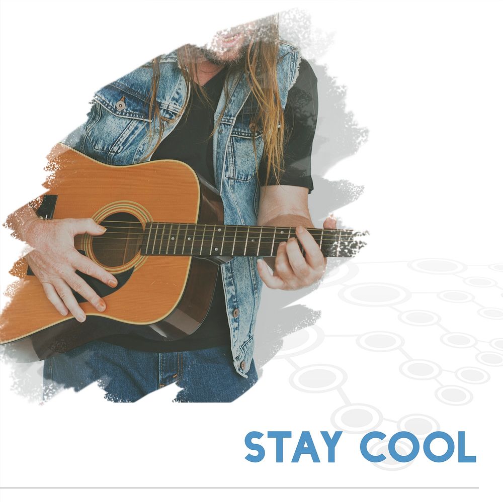 Adult Man Playing Guitar with Stay Cool Word Graphic