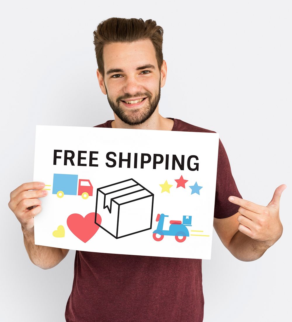 Man holding logistics free shipping concept placard