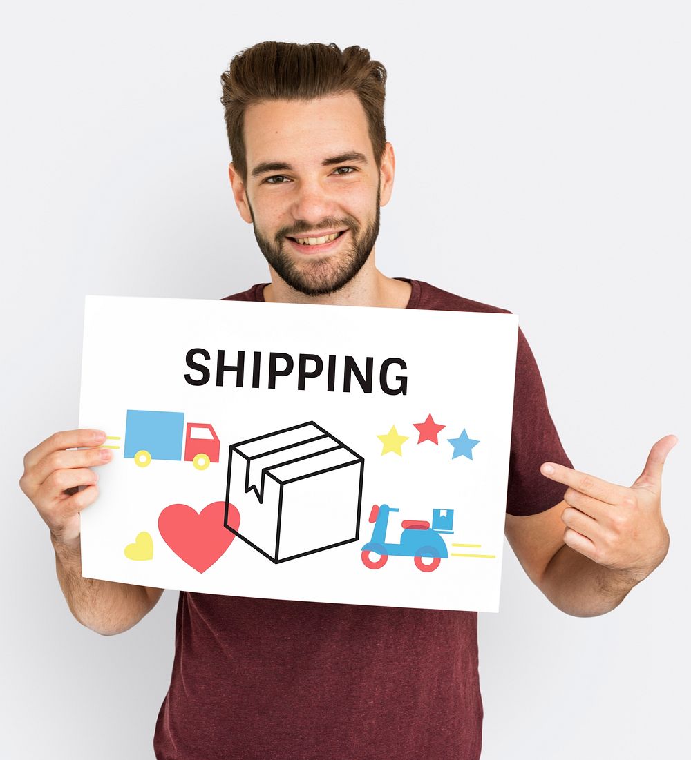 Guy holding shipping logistics concept board