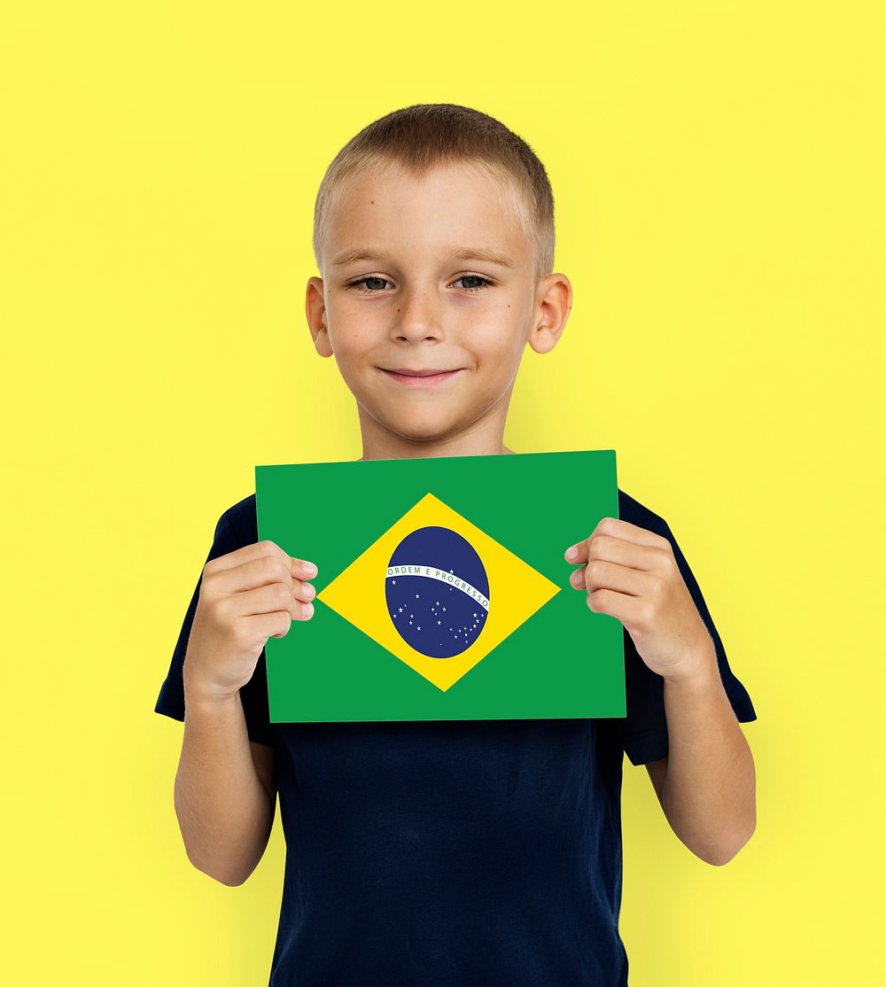 Boy Hands Hold Brazil Flag Patriotism