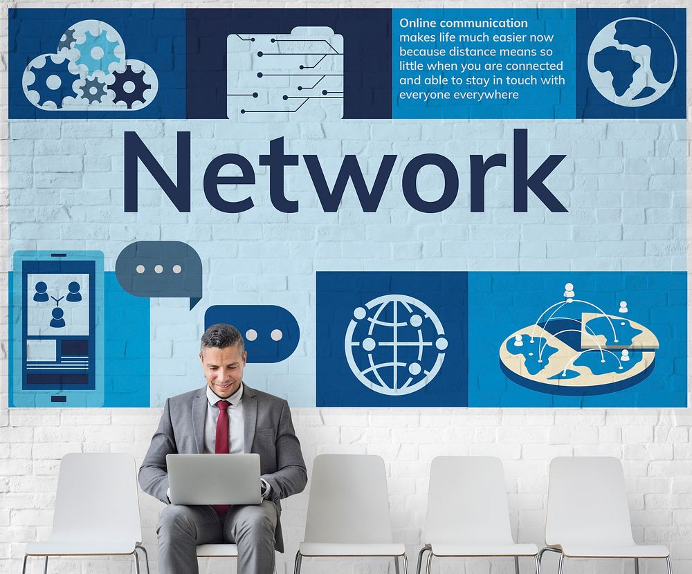 Network graphic overlay banner on wall