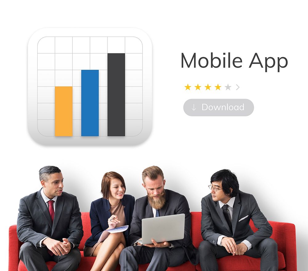 Business people with mobile application graph download illustration