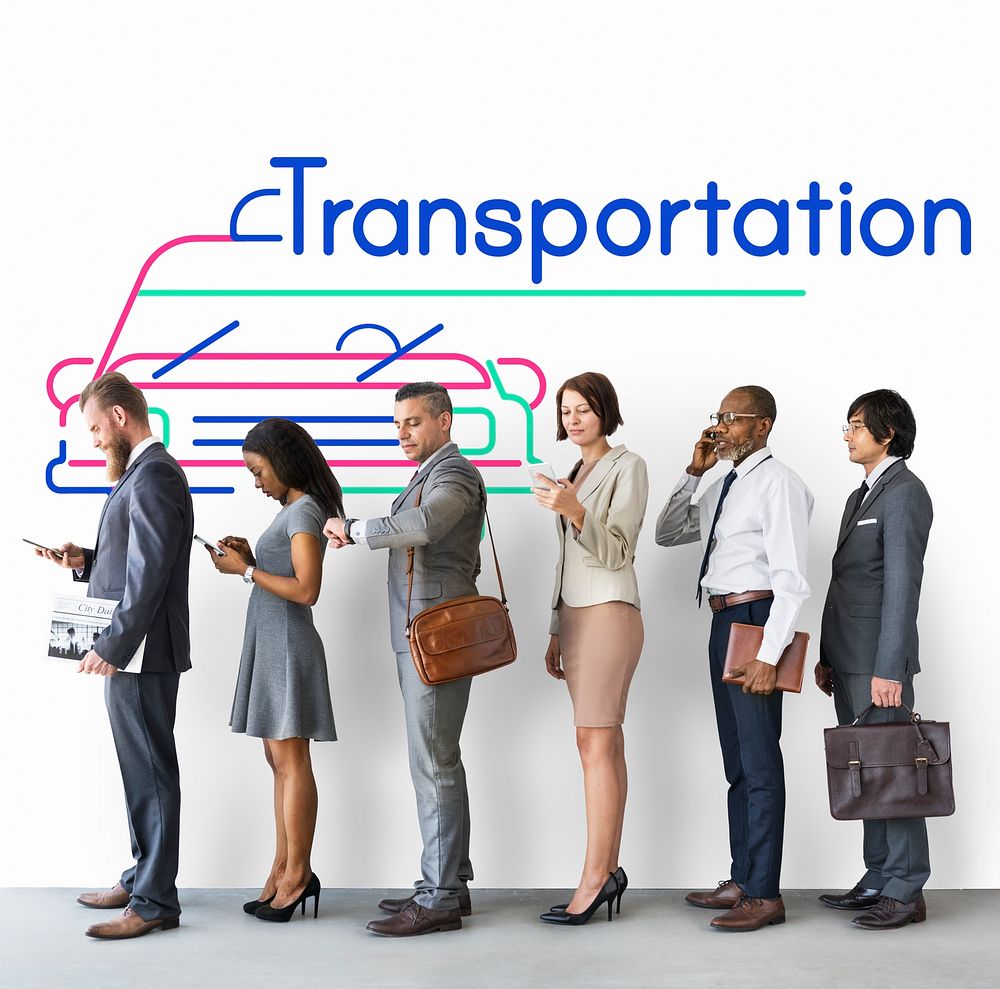Group of people with automotive car rental transportation graphic