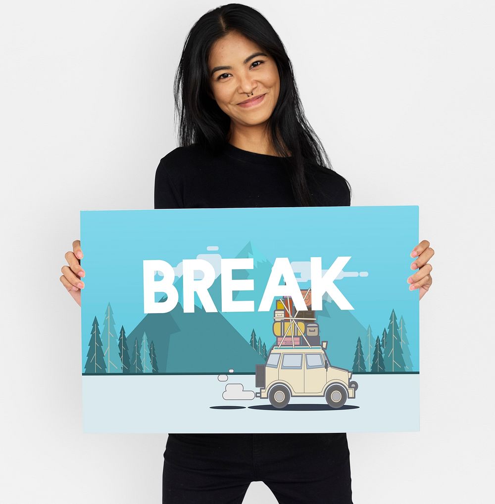 Woman holding illustration of discovery journey road trip traveling banner