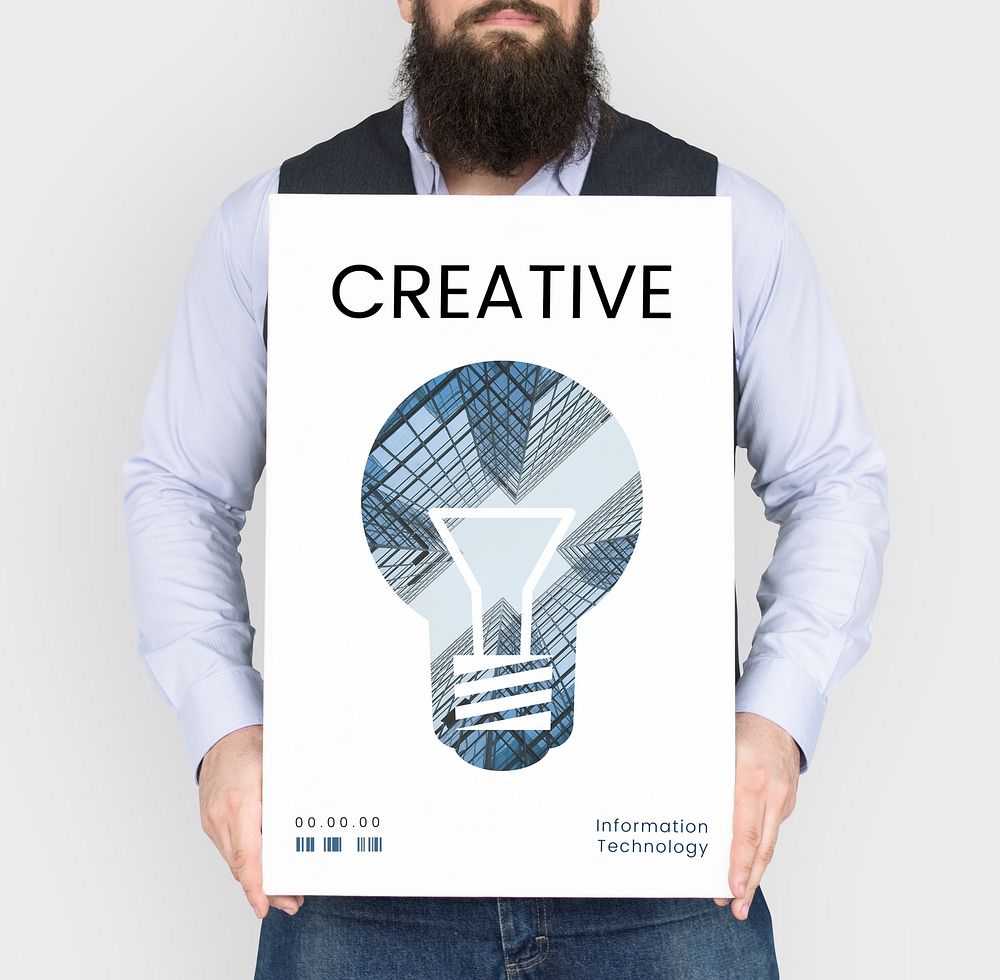 Man holding banner of creative ideas digital technology light bulb