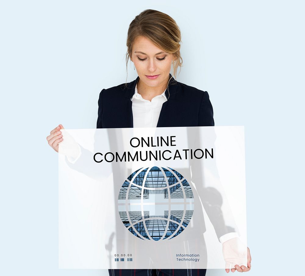 Woman holding banner of  global communication connection technology
