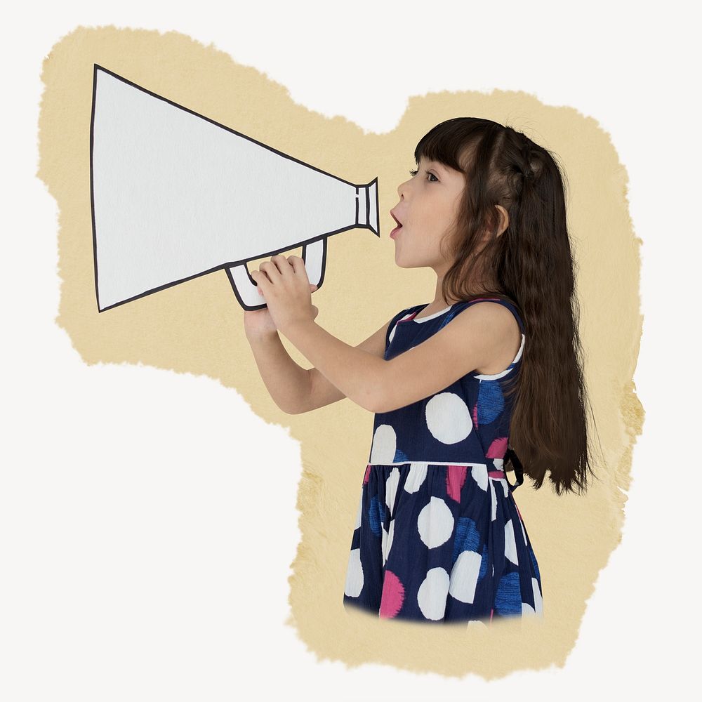 Kid using megaphone, people activity concept, ripped paper design