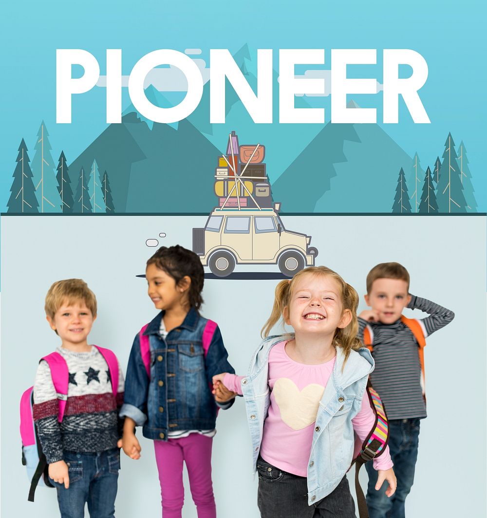 Children with illustration of discovery journey road trip traveling