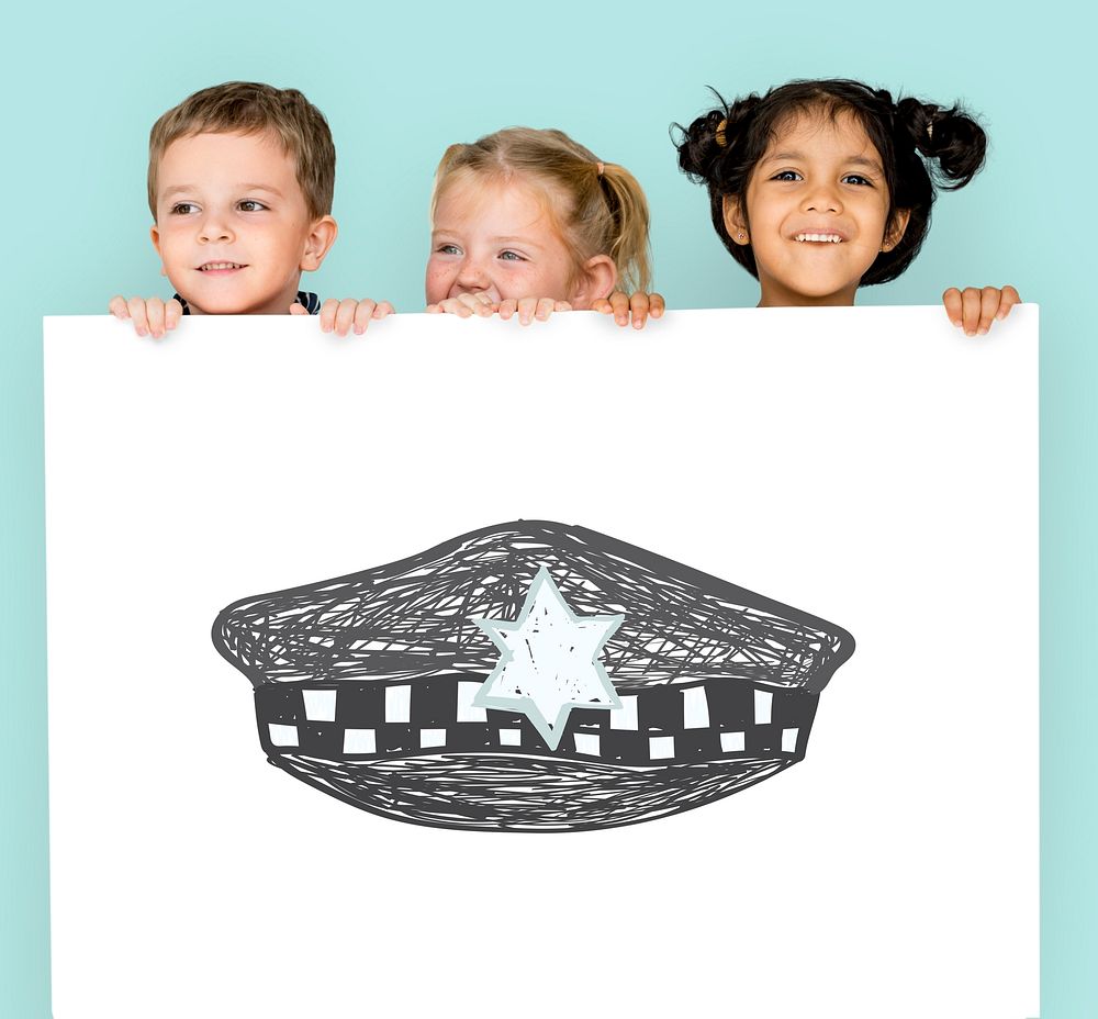 Children with a drawing of police hat