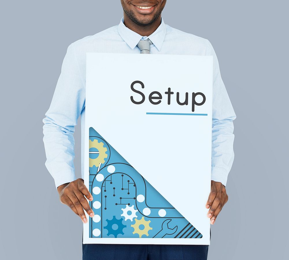 African businessman show the setup word on banner