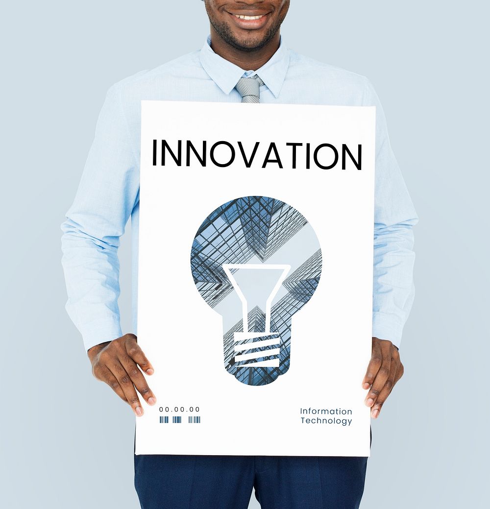 Man holding banner of creative ideas digital technology light bulb